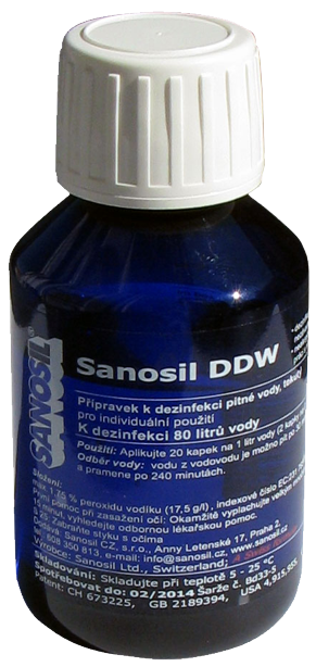 Detailní zobrazení dezinfekčního roztoku Sanosil DDW.